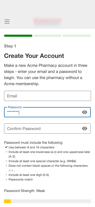 Create-account password criteria validation state